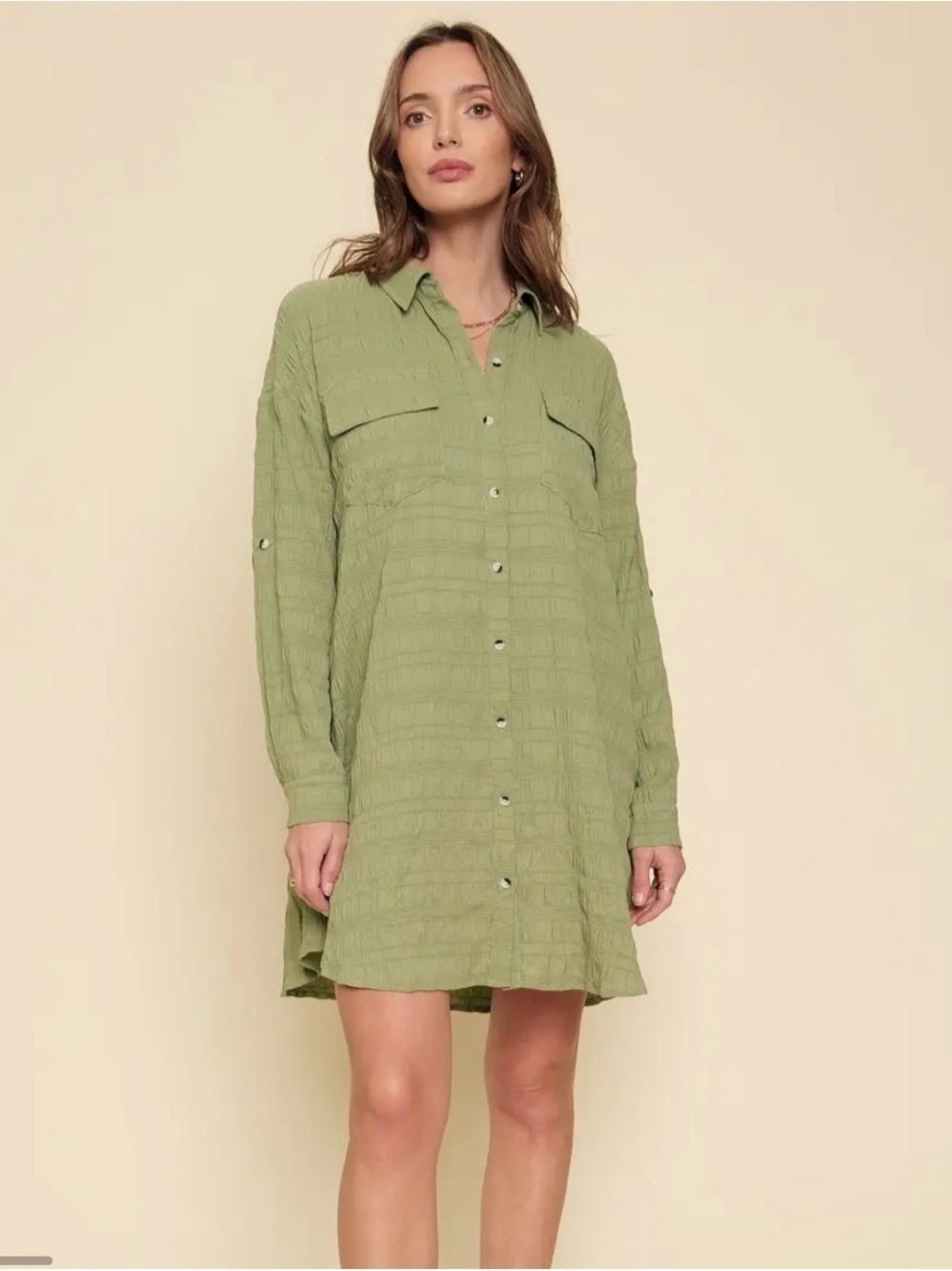 Mystree Woman’s Textured Olive Green Button-Front Shirt Dress, Size XL, NWT